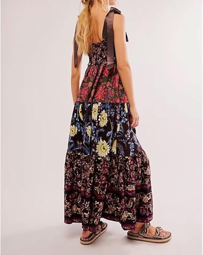 Image of Women Floral Maxi Dress Tie Shoulder Patchwork Smocked Flowy Boho Dress with Pockets Summer Vacation Sundress