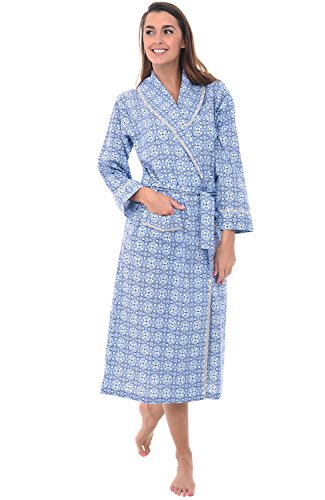 Alexander Del Rossa Women's Lightweight Cotton Kimono Robe, Summer Bathrobe, Large Blue Moroccan