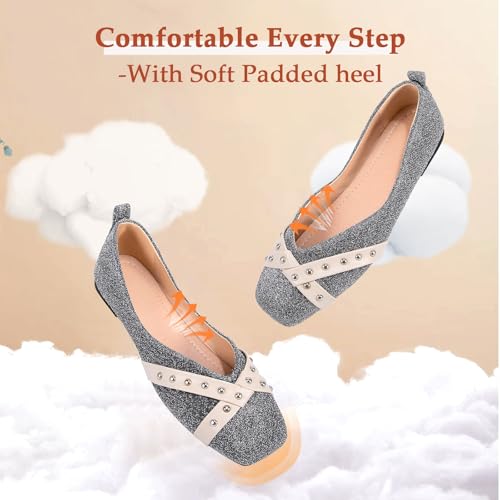 Women’s Cotton Fabric Square Toe Flats with Studded Detail – Chic Ballet Flats for Work, Casual, and Everyday Wear, Comfortable Slip-On Shoes3
