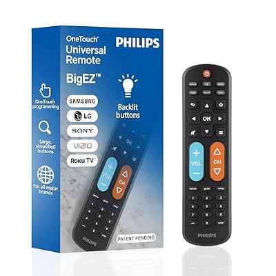 Philips BigEZ OneTouch Big Button Universal TV Remote for Seniors, Easy to Use, Replacement Remote for Samsung, LG, Sony, Vizio, Roku TV, Backlit Buttons, 2 Device, Black, SRP3945B/37