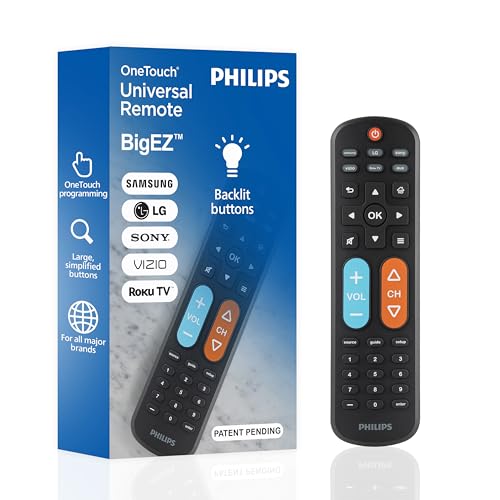 Philips BigEZ OneTouch Big Button Universal TV Remote for Seniors, Easy to Use, Replacement Remote for Samsung, LG, Sony, Vizio, Roku TV, Backlit Buttons, 2 Device, Black, SRP3945B/37