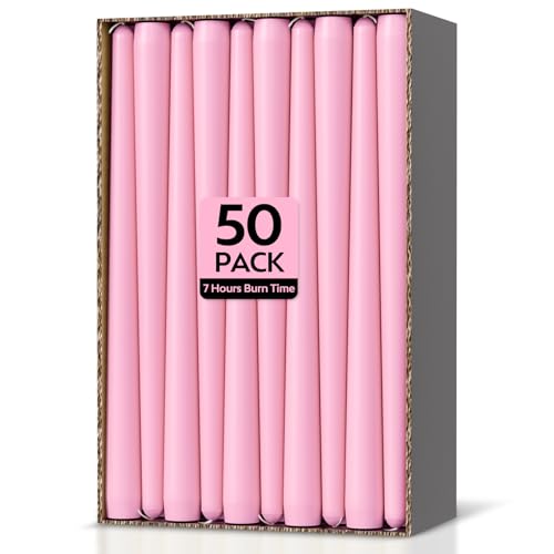 Taper Dinner Candles 50 Pack Pink Non-Drip Table Candlesticks Unscented 7-Hour Burn Time Paraffin Wax with Cotton Wicks Long-Burning Tapered Candles