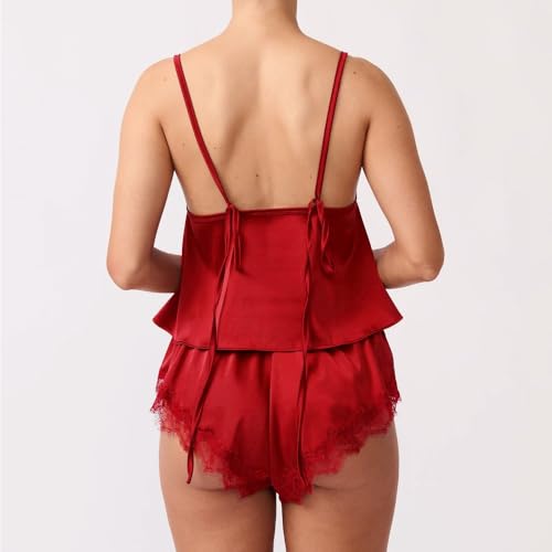 Image of ROAONOCOMO Women Lace Trim Pj Shorts Set Square Neck Coquette Tank Top Silk Satin Pajama Set Babydoll 2 Piece Shorts Outfit
