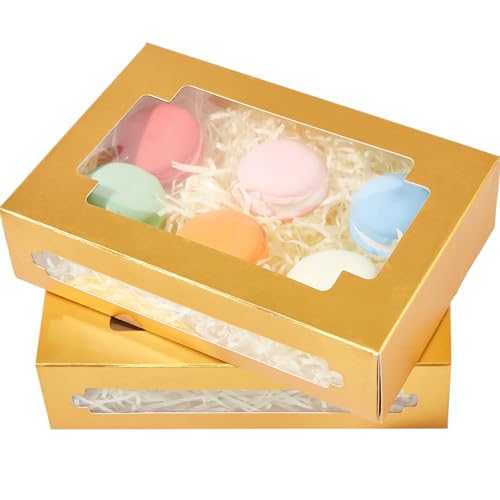 qiqee Cookie Boxes for Gift Giving 8x5.3x2 inch 24Packs Gold Treat Box with Window Bakery Box for Donuts Candies and Biscuit