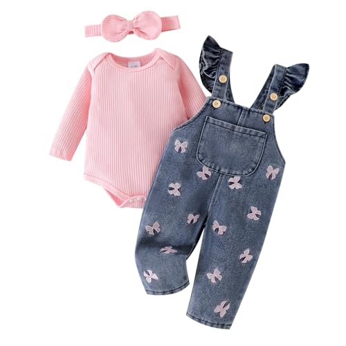 Image of FOCICI Baby Girl Clothes Newborn Romper Infant Jeans Adjustable Suspender Overalls Cute Headband 3Pcs Outfits Set 0-18 Months