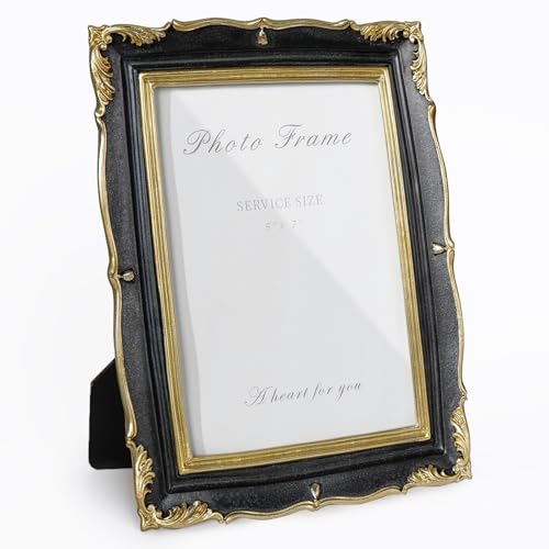 Vintage Picture Frame 5x7 Black and Gold Frame, Ornate Textured Hand-Crafted Resin Photo Frames with Glass Front, Decorative Picture Frame for Wall & Tabletop, Antique Frame Home Decor