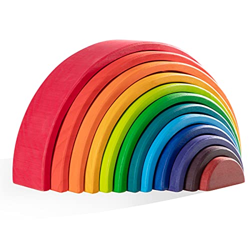 MERRYHEART Wooden Rainbow Stacking Toy, 12 Pcs Wood Building Blocks Set, Waldorf Toys for Toddlers, Matching Educational Learning Toy