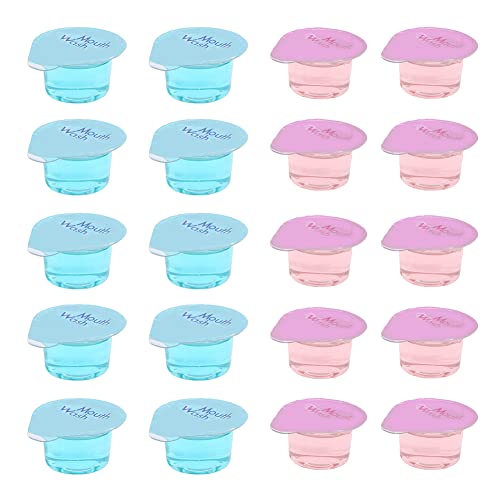 Paquete de 20 enjuagues bucales desechables de viaje, artículos de tocador pequeños de tamaño de viaje Mini enjuague bucal portátil, enjuague bucal de gelatina de 13 ml, (menta + aroma de rosa)