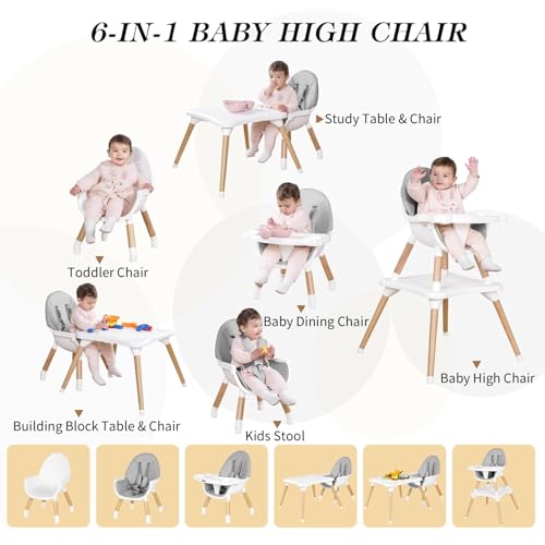 Image of 6 in 1 High Chair for Babies & Toddlers, Convertible Wooden Baby Highchair, Table and Chair Set, Baby Feeding Chair, 5-Point Adjustable Harness /4-Position Removable Tray& PU Seat Cushion(Grey)