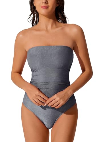 RXRXCOCO Women Tummy Control One Piece Swimsuits Off Shoulder Strapless Bathing Suits Slimming Swimwear Grey XL