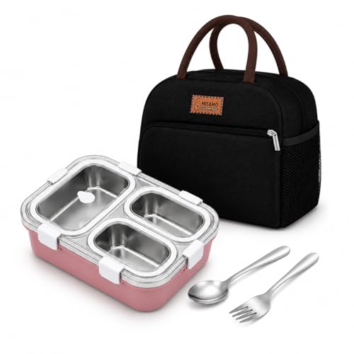 Image of Misamo Enterprise Lunch Box with Insulated Lunch Bag Combo, 3 Compartment Stainless Steel Lunch Box with Spoon & Fork, Leak Proof Food Container for School, Office & Travel (Black Bag+Pink Lunch Box)