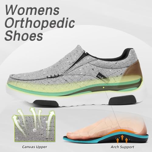 Image of Women's Orthopedic Slip-On Loafers Walking Shoes: Diabetic Elastic /Bungee Lace Supportive Loafer Shoes, Canvas Cushion Leisure Vintage Flat Driving Shoes for Flat Feet Dark Grey Size 8.5