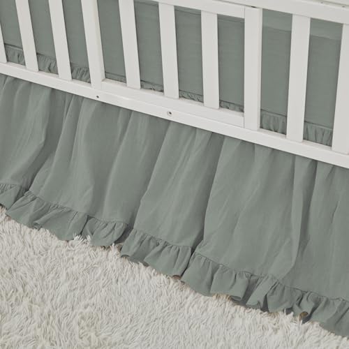 Image of Brandream Boho Bohemian Girl Baby Nursery Crib Bed Skirt Dust Ruffle - Neutral Solid Color Sage Green Farmhouse Chic 100% Washed Cotton Ruffle