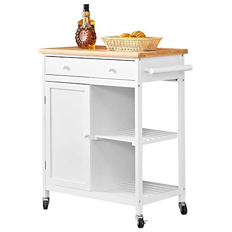 Huisenuk Kitchen White Storage Sideboard Cupboard Trolley Cart on Wheels with Handle, Floor Free Standing Unit Storage Side Cabinet Buffet Wooden with Drawers and Shelves for Dining Room Dinette Cover