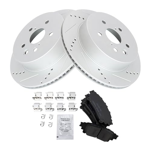 Image of TRQ Performance Rear Brake Pad and Rotor Set Ceramic Coated Drilled Slotted Rotors Compatible with 2014 Lexus IS250
