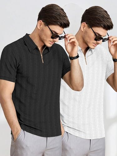 Image of MiraMichi Men's Polycotton Short Sleeve Casual Polo Collar T-Shirt - Lightweight Breathable Classic Polo for Everyday Comfort & Style