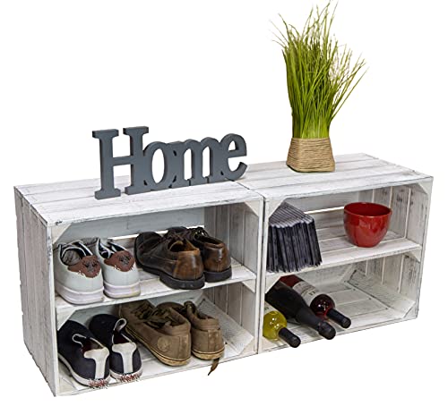Cajas de madera de estilo shabby blanco, zapatero para manualidades, estanterías para niños y adultos, estantería estable en cajas de frutas, cajas de vino, 2 unidades