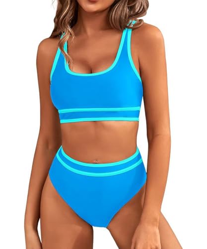 GRMLRPT Costume Piscina Donna Stile Sportivo Bikini Costume da Bagno Due Pezzi con Scollo a U Regolabile Top Donna Triangolo Vita Bassa(Blu-2,M)