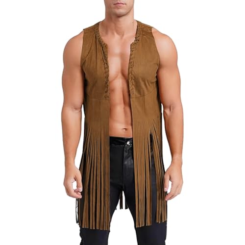 PURFUN Men Women 70s Hippie Fringe Vest Halloween Cosplay Western Cowgirl Cowboy Faux Suede Sleeveless Long Tassel Cardigan Jacket Coat Beach Travel Bohemia Boho Open Front Vest Tops Outwear
