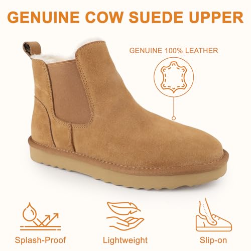 riemot Chelsea Ankle Boots for Women Genuine Suede Faux Fur Lining Winter Low Heel Mini Snow Boot Outdoor Non-Slip Thermal Shoes Cozy Slip On Elastic Booties Chestnut US 6-112