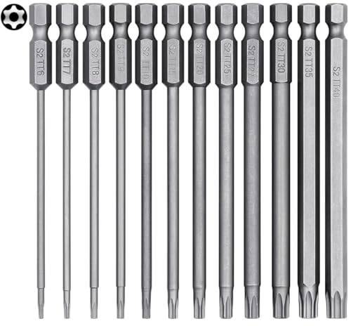 YUHIAKE 12 Stück Torx Bit Set Lang mit Loch, T6-T40 100mm Länge, Torx Lang Schraubendreher Bit Satz Magnetisch, 1/4 Sechskant Schaft