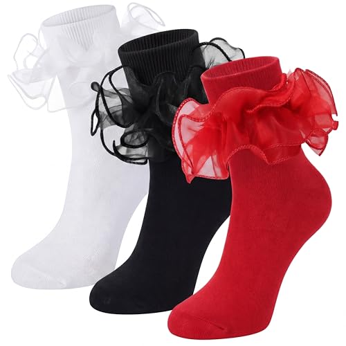 Image of Geyoga 3 Pairs Women Big Ruffle Socks Turn Cuff, Double Lace Ankle Cotton Frilly Socks for Ladies Summer