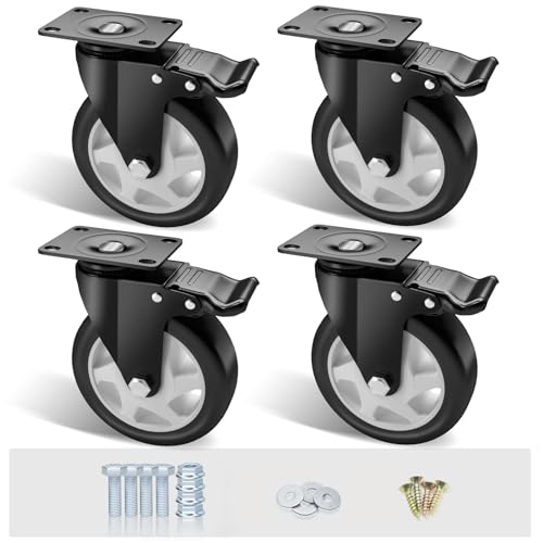 Image of 5 inch Caster Wheels Set of 4, Heavy Duty Casters with Brake, No Noise Locking Casters with Polyurethane (PU) Wheels, Swivel Plate Castors Pack of 4