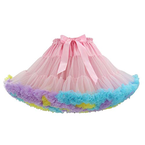URVIP Damen Elastischer Taille Chiffon Pettiskirts Puffy Tutu Tüll Prinzessin Rock Gr. One size, Pink Rainbow