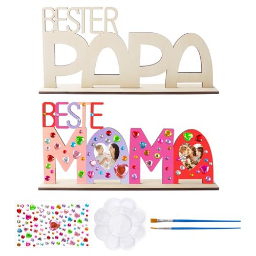 Qaziuy MAMA PAPA Holzbuchstaben Bastelset Holz Bilderrahmen Vatertag Muttertag Bastelset Kinder Papa Mama Holznamen Bemalen und Fotos Ankleben für Mutter Vater Geburtstag Vatertag Muttertag Geschenk