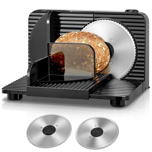 FOHERE Cortadora de Fiambre, Cortafiambres Eléctrico Plegable, con 2 Cuchillas de Acero Inoxidable y Grosor Regulable 0-15mm, Perfecta para Cortar Pan, Queso, Embutidos y Verduras