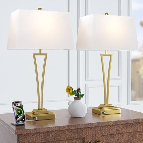 Lámpara de mesa dorada con puerto USB y pantalla blanca miniatura 5