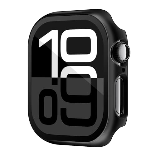 Image of Case Compatible with Apple Watch Series 10 46mm PC Bumper with Tempered Glass Screen Protector Matte Solid Color Hard Cover (Black, 46mm)