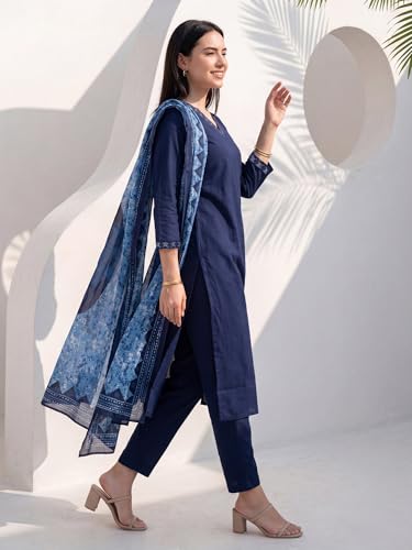 Image of INDO ERA Women's Pure Cotton Solid Solid kurta & Pant with Dupatta Set | Cotton Kurta Set For Woman