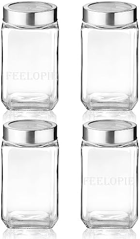 Feelopie Piramal Cube Storage Glass Jar With Airtight See Through Steel Lid|Bpafree|Kitchen Organiser|Modular|Multipurpose Jar |Coffee Bean,Dry Goods,Cookie,Candy,Tea,Spices[800Ml,Set Of 6]