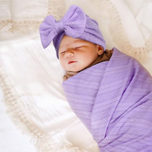 Image of AQOKKA Newborn Receiving Blanket with Bow Hat Headband Set Wheat-Pattern Newborns Toddler Baby Boy Girl Nursery Swaddle Wrap