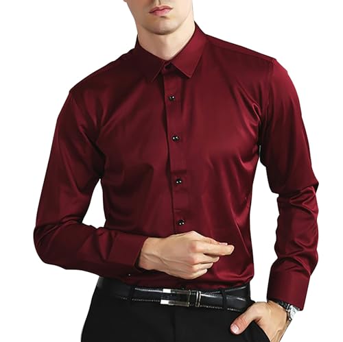Camisas de manga larga para hombre XL | Solapa elástica no necesita planchado, color sólido, casual, diario, oficina, cómoda, sin arrugas, talla grande, Vino, XS