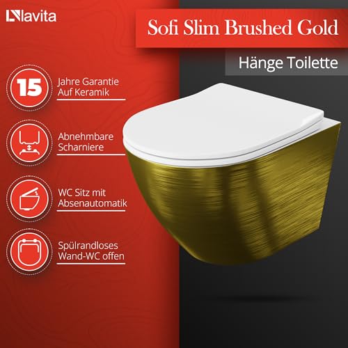 Lavita Vorwandelement Solido Start + Wand Hänge WC Sofi Slim Brushed Gold Spülrandlos + WC Sitz mit Absenkautomatik Verchromter Knopf Komplettset Unterputz Spülkasten Toilette Komplett Sett WC – Bild 6
