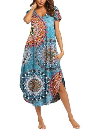 Image of Ekouaer Long Nightgowns for Women Short Sleeve House Dress with Pockets V Neck Sleepshirts Side Split Sleepwear S-4XL