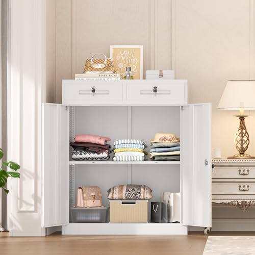 Image of INTERGREAT Metal Garage Storage Cabinets with Lock,Steel Storage Cabinet with Drawer and 2 Adjustable Shelves, Small Lockable Office Steel Cabinet for Home, Warehouse, School, White