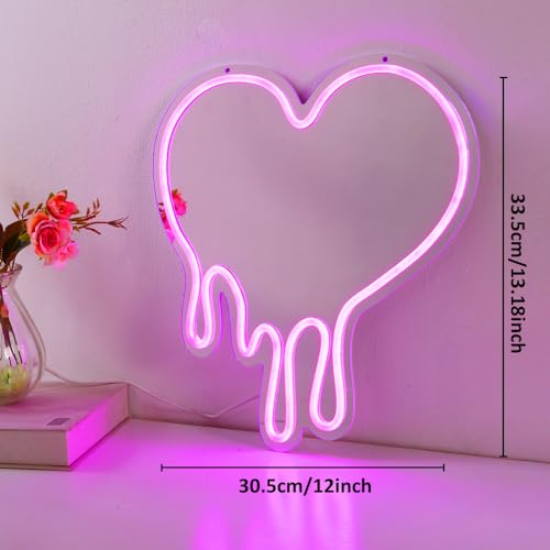 Image of Heart Pink Neon Sign, for Wall Decor, LED Dripping Heart Acrylic Makeup Mirror Neon Signs With Base and Dimmer Switch, for Bedroom Makeup Mirror Home Decor Living Room Bar Wedding Party