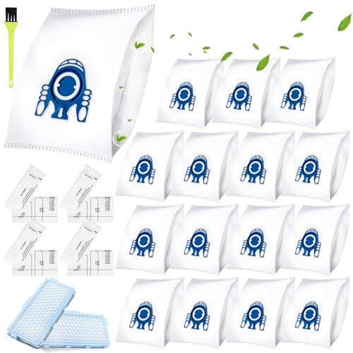 16 Pack Vacuum Cleaner Bags for Miele GN Vacuum Cleaner, 16 Pack Bags & 2 Hepa Filter Compatible with Miele GN 3D Airclean Efficiency Dust Bag Classic C1 Complete C2 C3, S227, S2, S5 and S8 Series