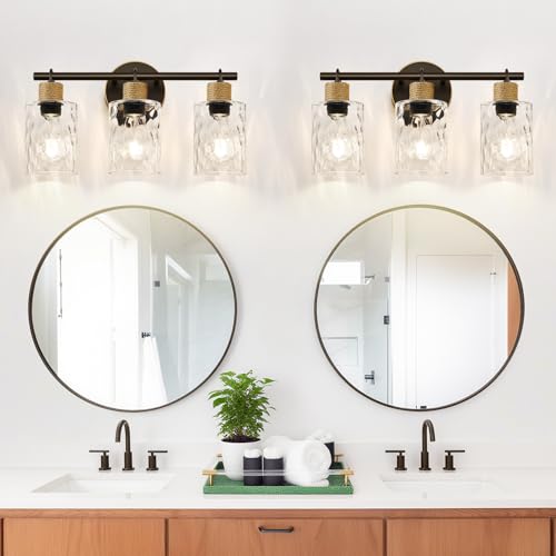 Image of MOKATNG Bathroom Light Fixtures, 3-Light Coastal Vanity Lights with Crystal Glass Shade, Oil-Rubbed Bronze Bathroom Wall Lamp for Mirror Kitchen Hallway Cabinet