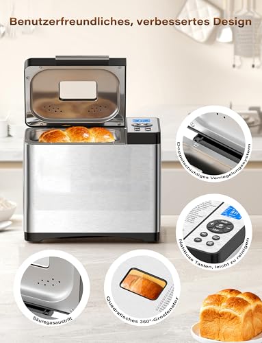 KEEPEEZ Brotbackautomat 1kg Edelstahl mit Keramikpfanne, 19 Automatischer Programme inkl. individuell programmierbar, 15h Timer, 3 Bräunungsgrade & Größen, auch für Kuchen, Pizzateig,Marmelade,Joghurt