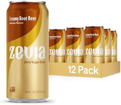 Zevia Zero Sugar Soda, Creamy Root Beer, 16 oz Cans (12-Pack) – Naturally Sweetened, Non-GMO Project Verified, Gluten-Free, Vegan