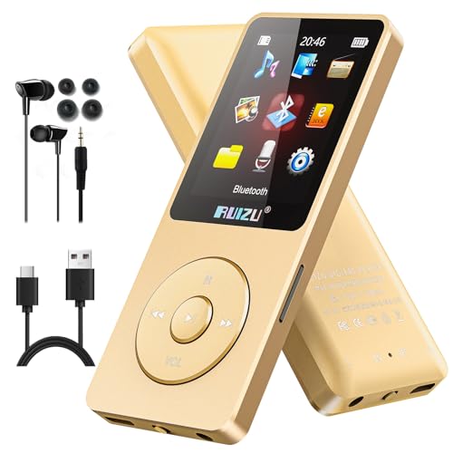 RUIZU 64GB MP3 Player with Bluetooth 5.3, Portable Music Player for Sports Running, FM Radio, Voice Recorder, Equalizer, Digital Audio Shuffle Resume Playback, Expanded 128GB Micro SD Card, Gold Tone