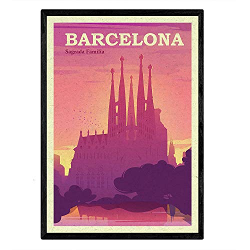 Nacnic Stampa di Barcellona. Stile vintage. Poster della Sagrada Familia a colori. Annuncio Barcellona formato A3 con cornice