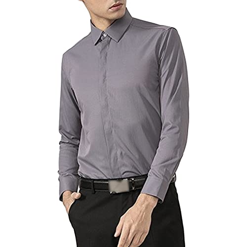 Maiyifu-GJ Men Casual Wrinkle Free Dress Shirt Regular Fit Button Down Shirts Solid Slim Fit Long Sleeve Business Shirts (Grey,3X-Large)