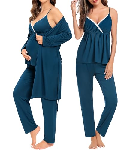Image of SWOMOG Maternity Nursing Robe Set 3 Piece Breastfeeding Pajamas 3 in 1 Labor Delivery Sleevless Tops&Long Pants Pregnancy Pjs