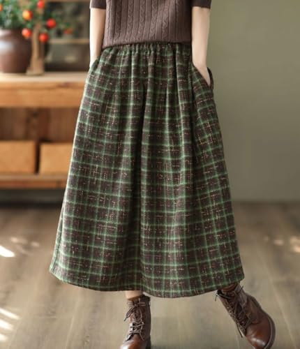 chouyatou Women's Vintage Plaid Pleated Wool Skirt Elastic Waist A-Line Midi Long Swing Skirt with Pockets3