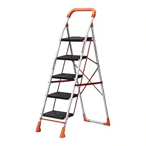 TRUPHE Helios Foldable 5 Step Ladder for Home and Office Use | Alloy Steel | Wide Steps | Wobble-Free | Skid-Free Steps | Safety Ladder | Rust Free | Stairs | | 4 Feet 6 Inches (Orange)